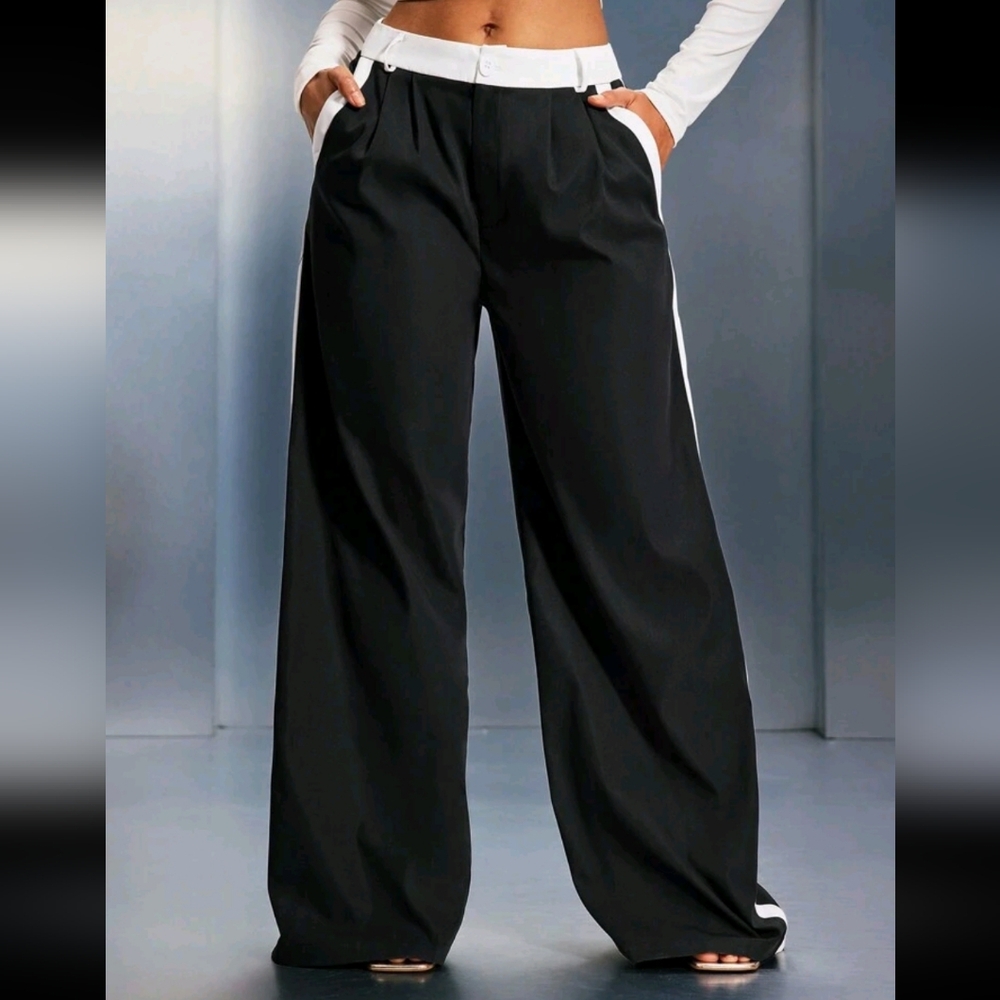 Black & White Contrast Palazzo Wide Leg Pants, Suitable For Autumn/Winter - Picture 2 of 4